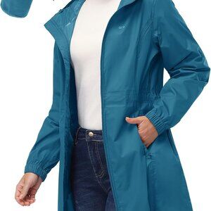 Women's Moroccan Blue Waterproof Packable Rain Coat, Stylish Windbreaker Size L